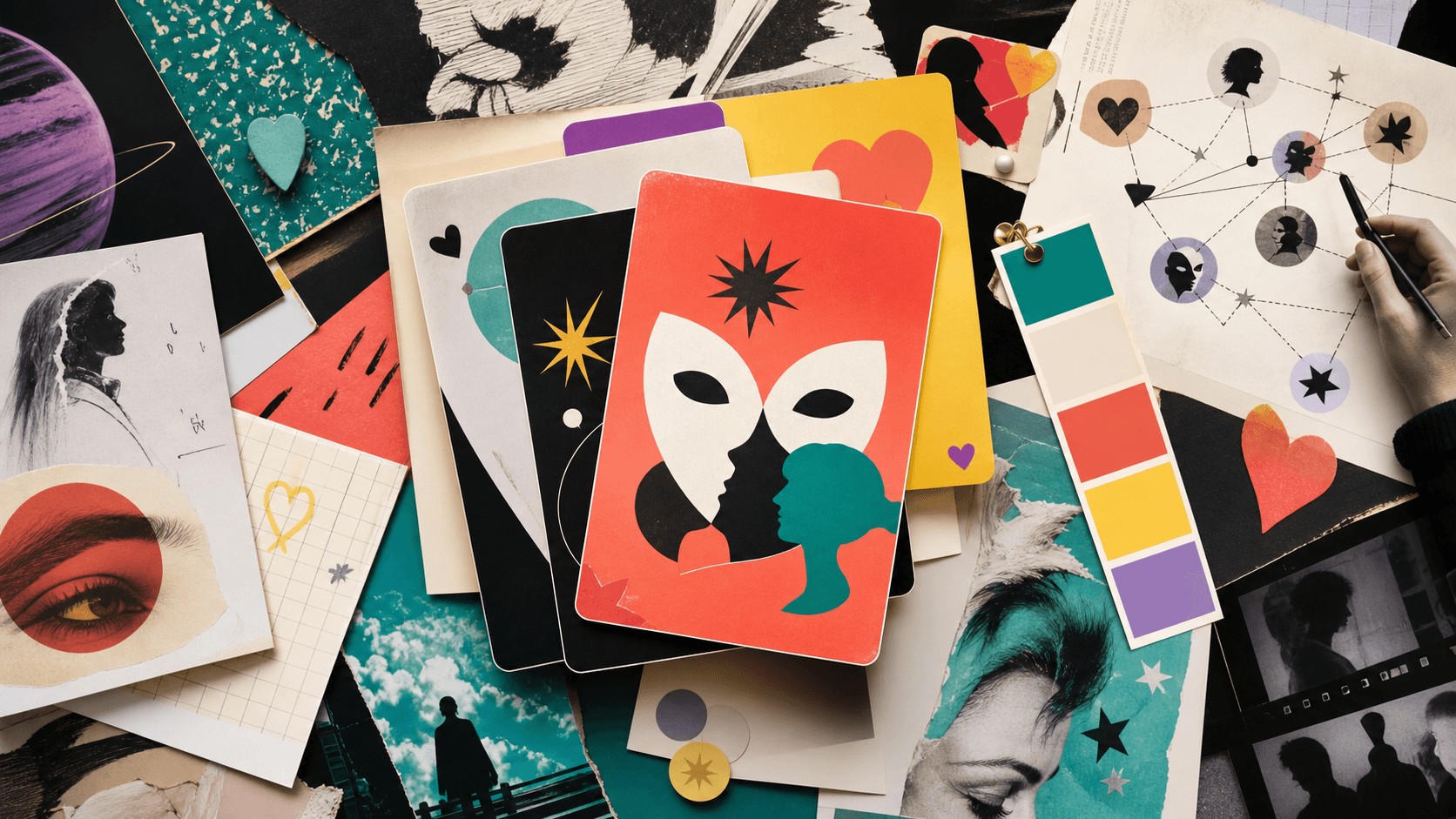 Editorial collage of quiz cards, notes, symbols, and pop culture personality mapping.